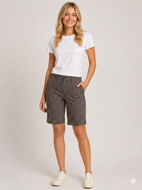 Jones New York Sport Stretch Brown Checked Plaid Bermuda Shorts Earth Tone